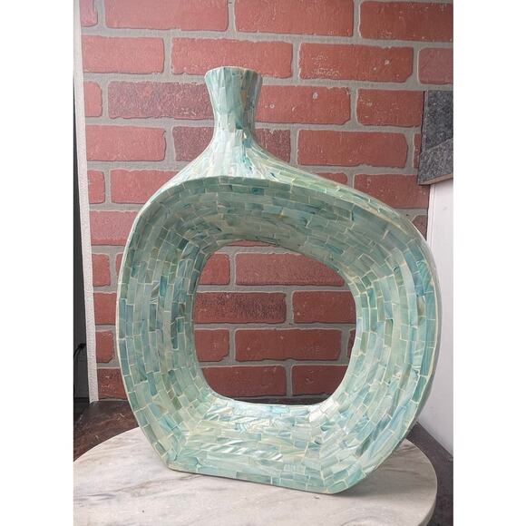 Large Mother of Pearl Shell Mosaic Abstract Vase Teal Aqua 14.5" Coastal Decor - Picture 2 of 8